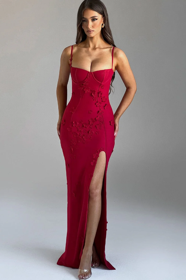 vestido largo flores relieve tirantes abertura rojo mujer