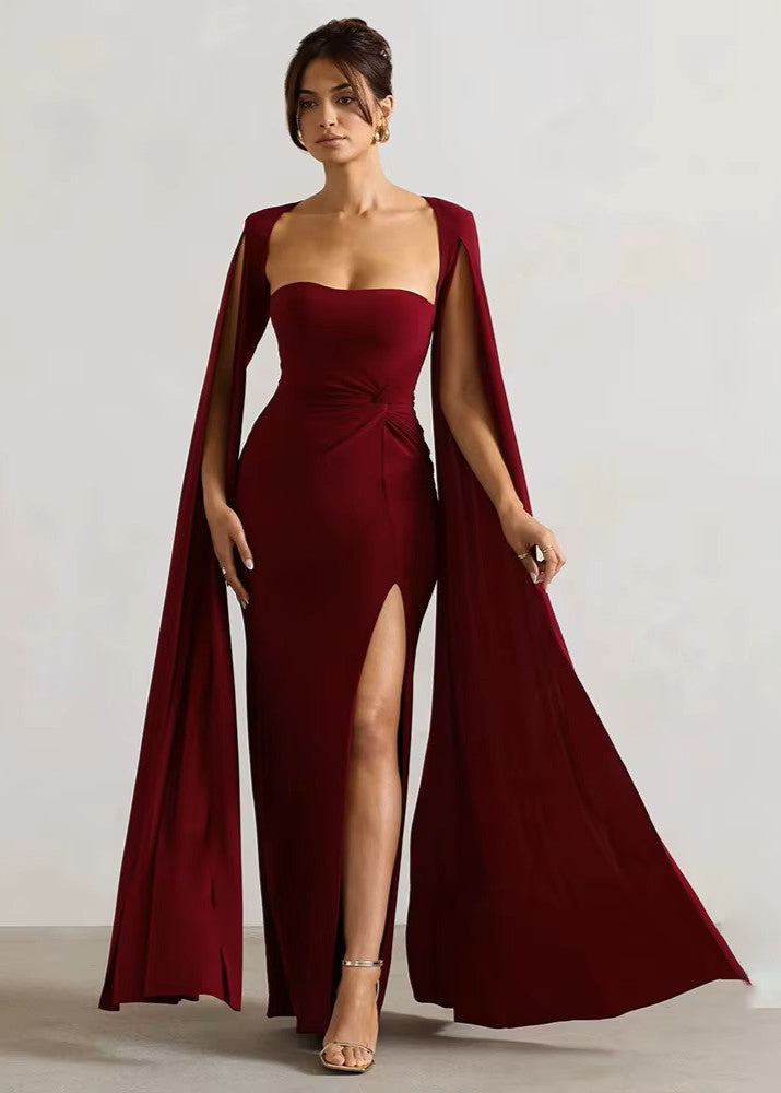 vestido largo recto burdeos negro mujer mangas abiertas escote fruncido abertura lateral