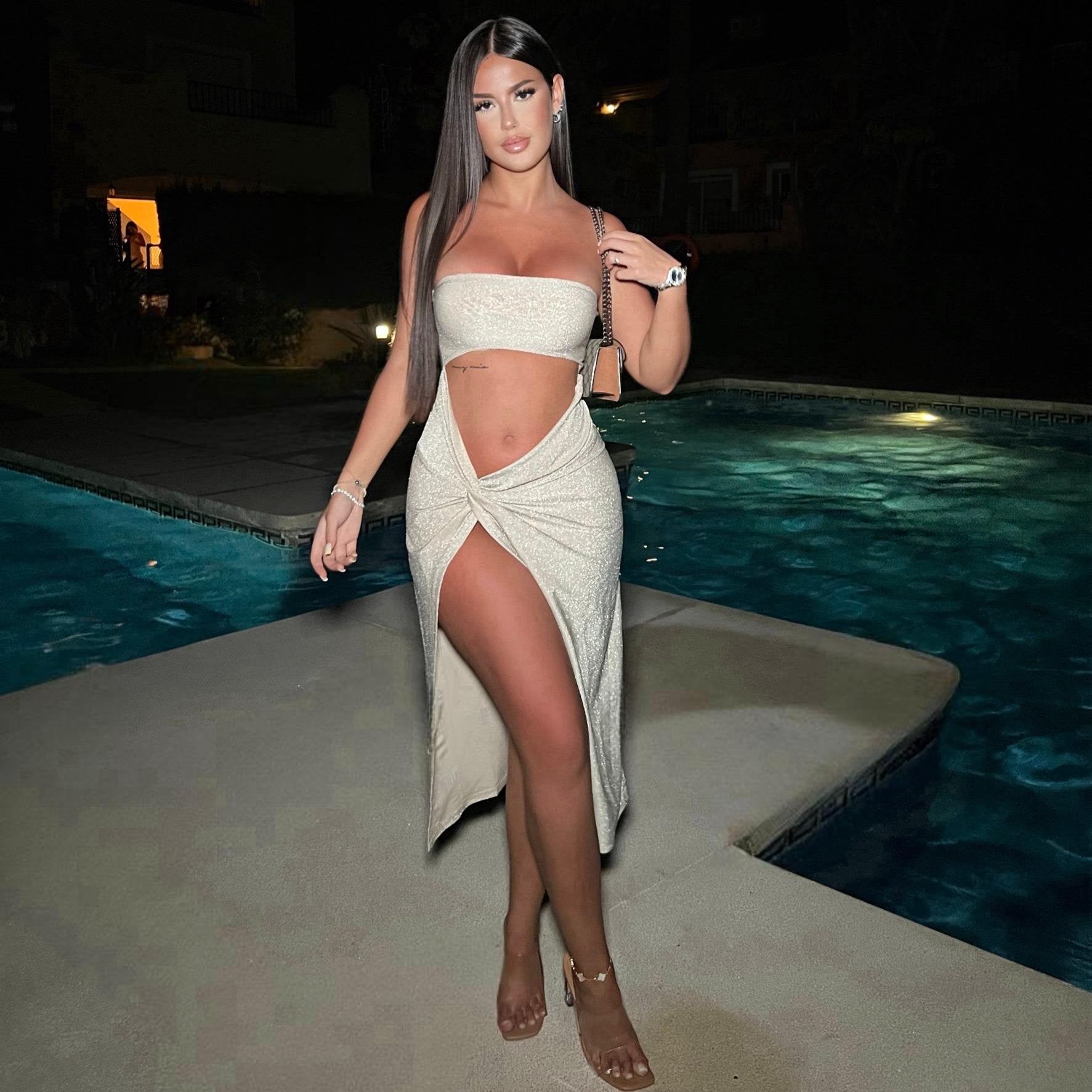 vestido maxi mujer dorado brillante escote recto abertura frontal nudo lateral abertura falda sin mangas elegante