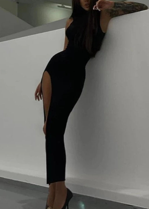 vestido maxi mujer halter cuello alto abertura lateral blanco negro ceñido elegante moderno