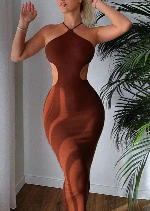 vestido maxi mujer halter espalda descubierta cordones cruzados abertura cintura marrón negro ceñido elegante