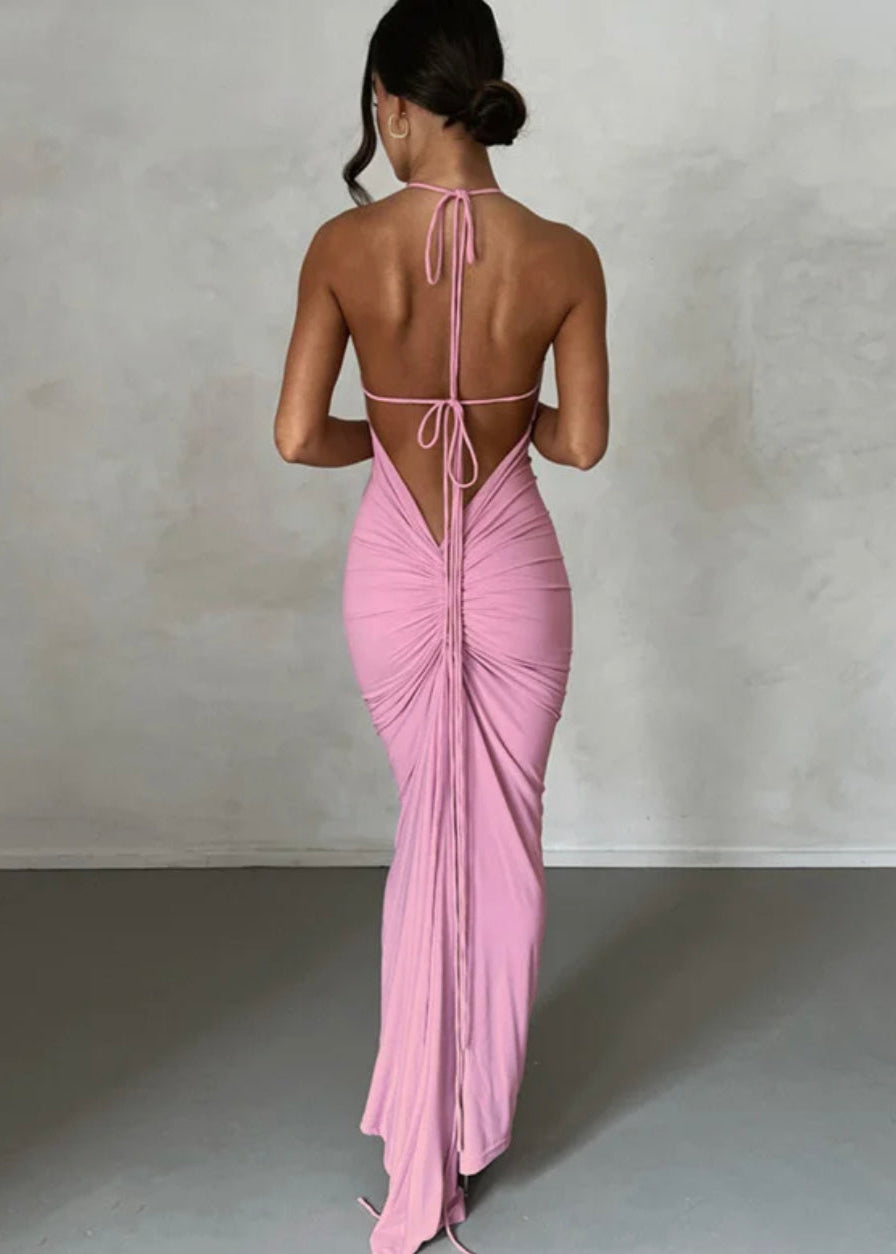 vestido maxi mujer lazos decorativos escote fruncido espalda descubierta rosa lila negro elegante ceñido