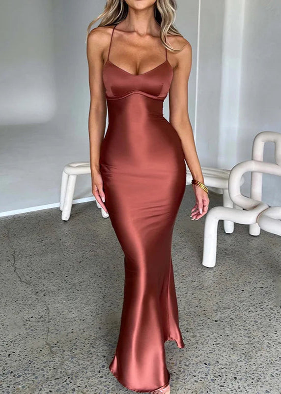 vestido maxi mujer satén marrón negro escote en v espalda descubierta tirantes cruzados corte sirena elegante