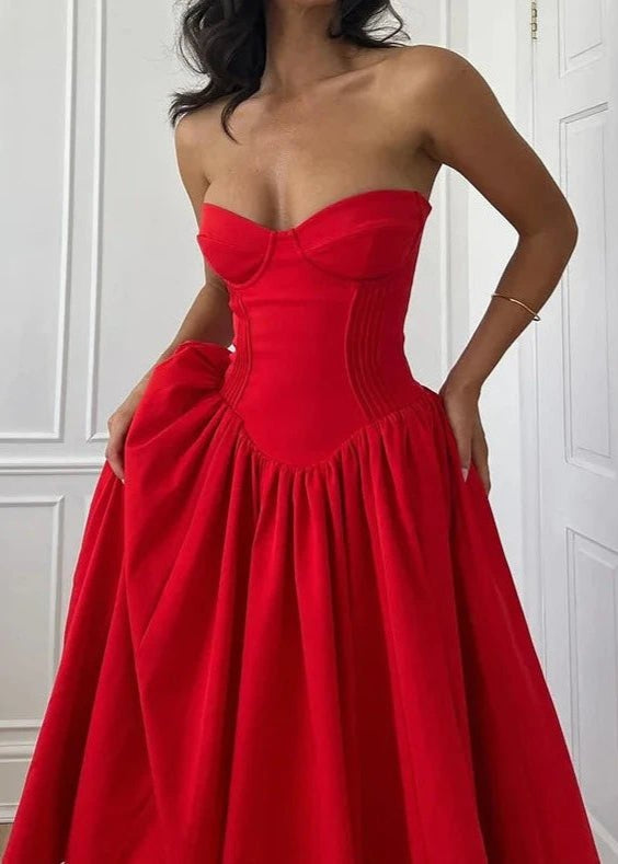 vestido midi encorsetado rojo romántico sin mangas mujer elegante