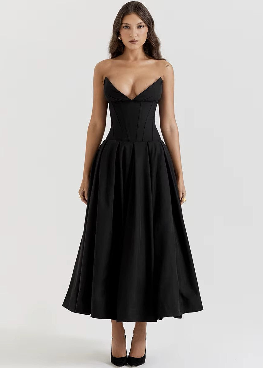 vestido midi mujer corset escote en v copas punta falda vuelo elegante rojo y negro