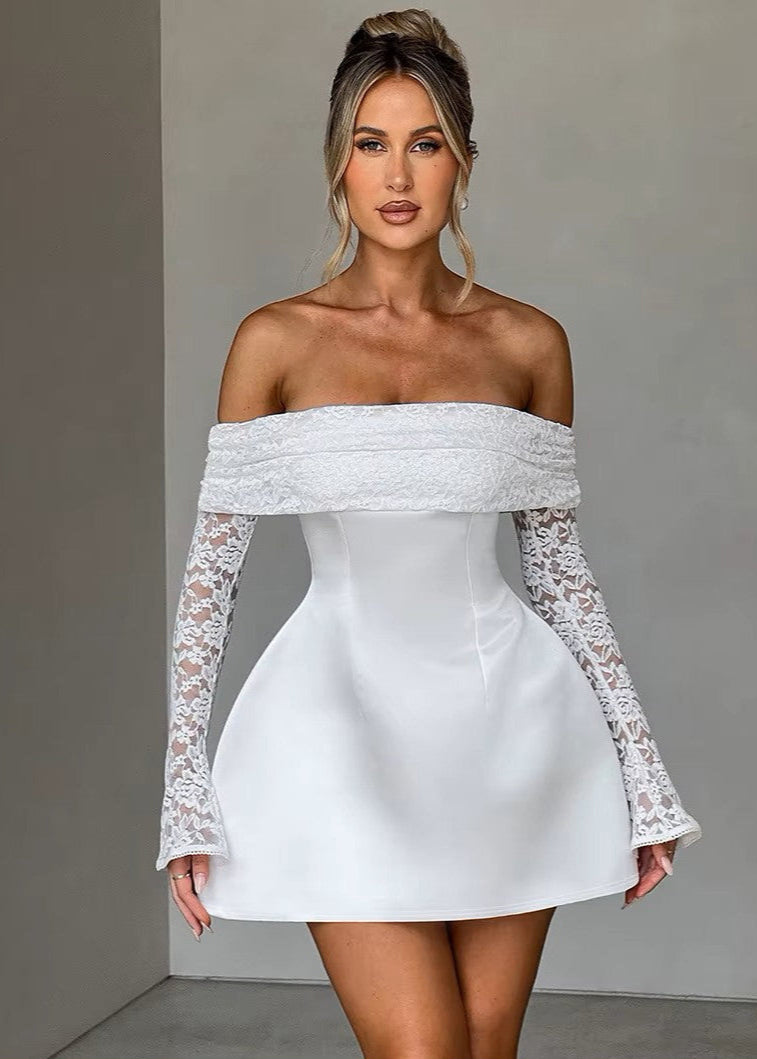 vestido mini blanco bardot encaje mangas largas falda vuelo mujer