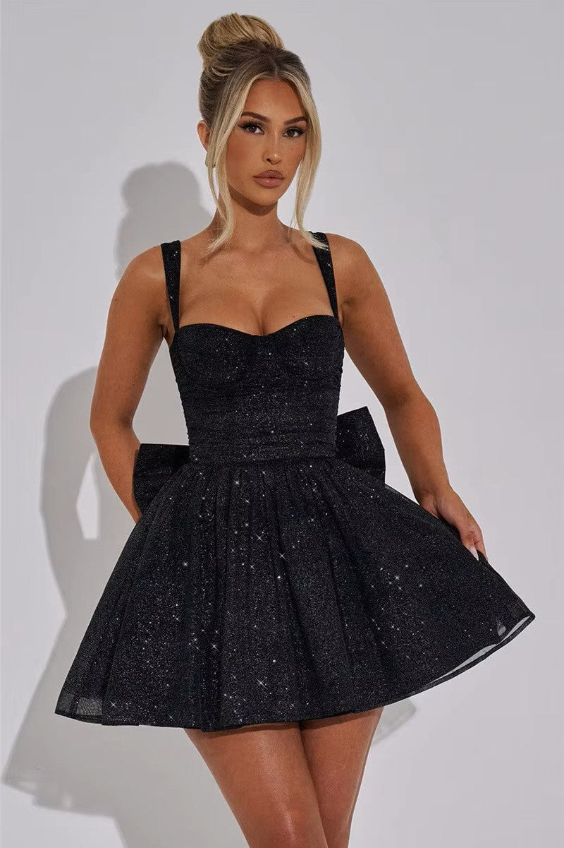 vestido mini brillante mujer negro espalda lazo