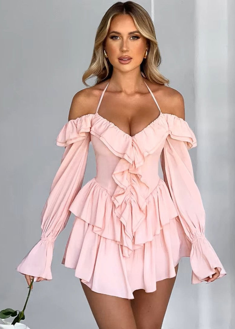 vestido mini escote v volantes hombros descubiertos rosa negro mujer elegante