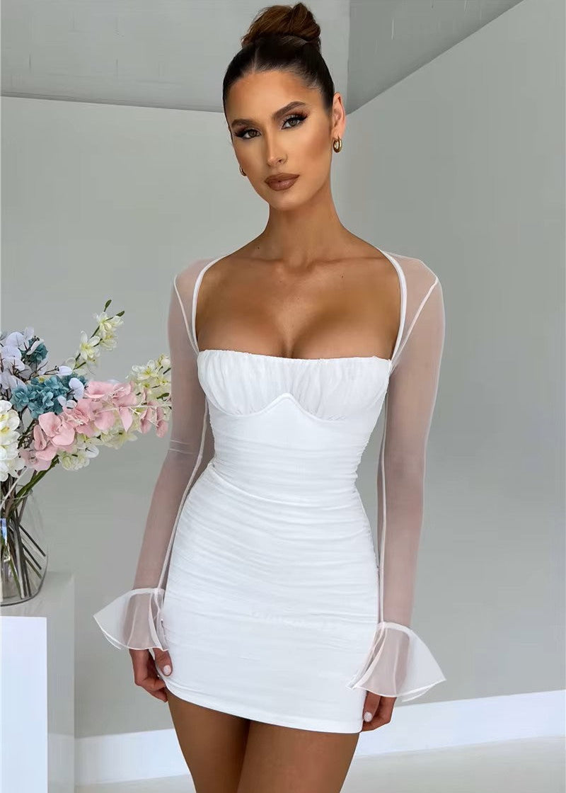 vestido mini mujer fruncido mangas transparentes escote con aros blanco azul negro elegante