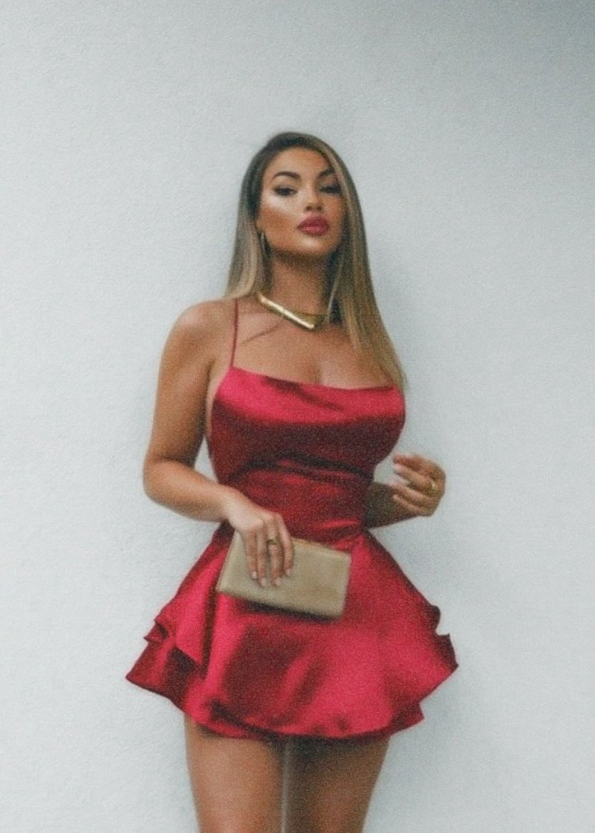 vestido mini satén mujer espalda descubierta escote pico elegante verde rojo blanco