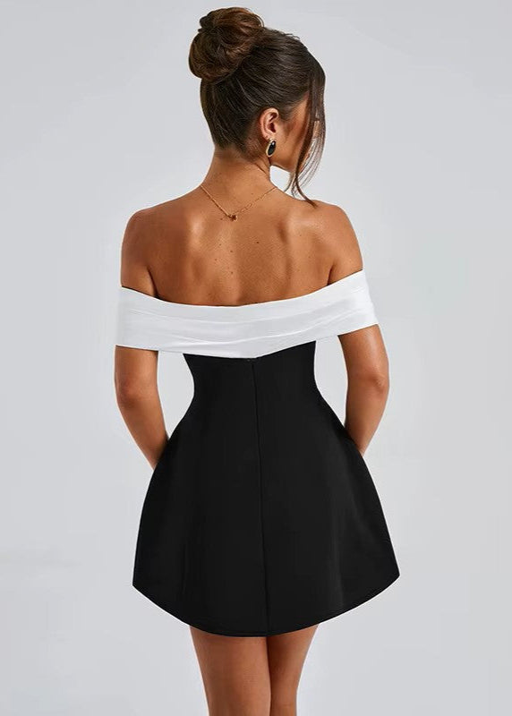 CELESTE · VESTIDO MINI BARDOT BICOLOR CON FALDA ESTRUCTURADA
