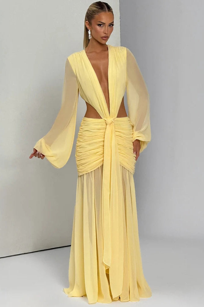 VESTIDO THALASSA · LARGO CON ESCOTE PROFUNDO Y DRAPEADO FRONTAL