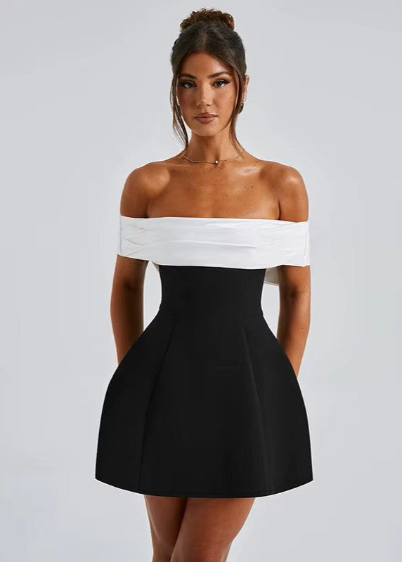 CELESTE · VESTIDO MINI BARDOT BICOLOR CON FALDA ESTRUCTURADA
