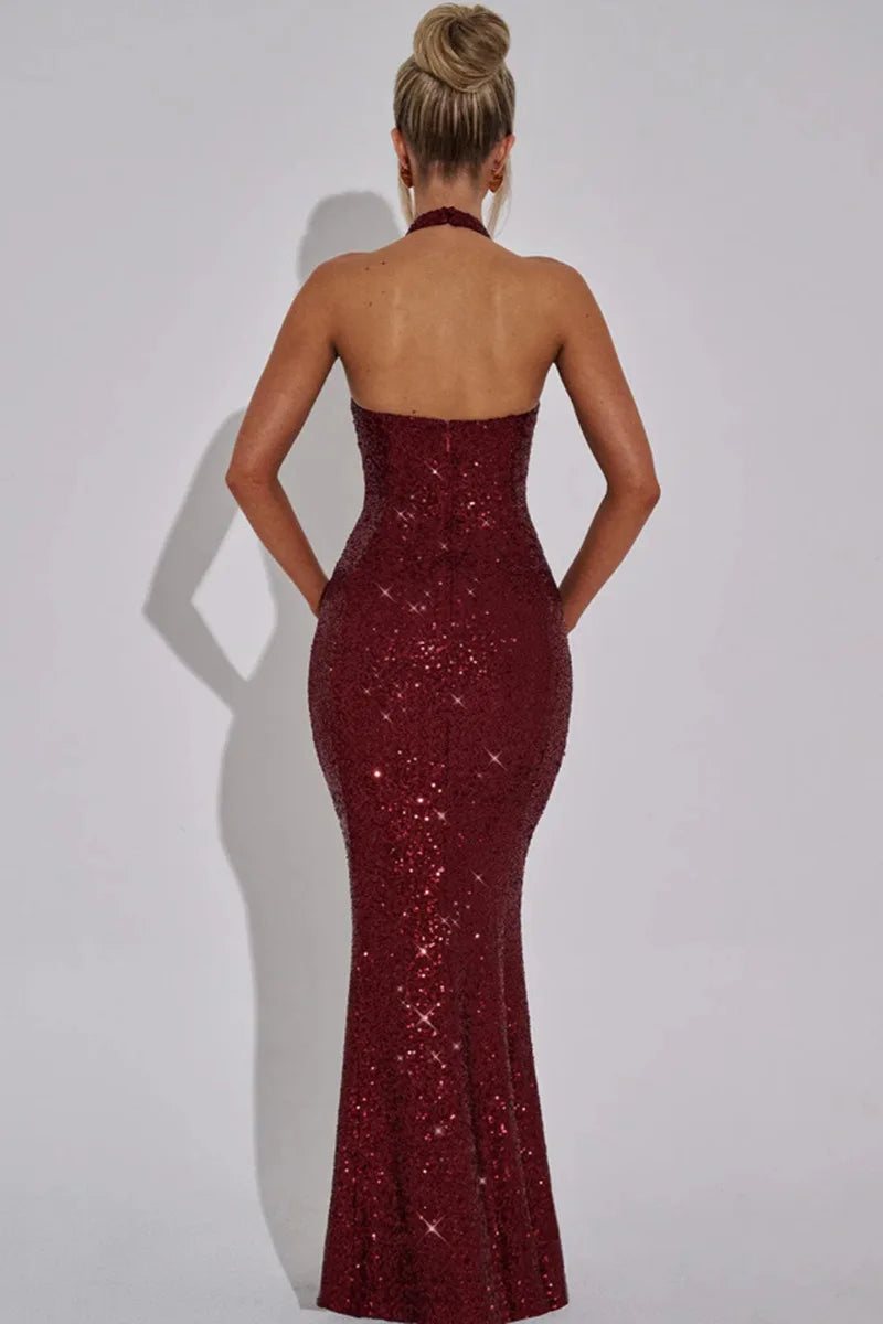ARIELLE · VESTIDO LARGO CON ESCOTE HALTER Y LENTEJUELAS