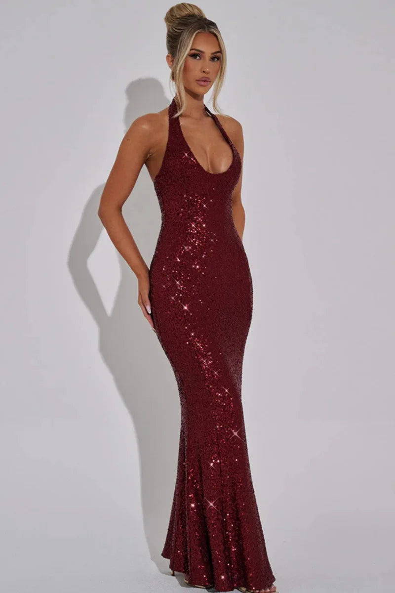 ARIELLE · VESTIDO LARGO CON ESCOTE HALTER Y LENTEJUELAS