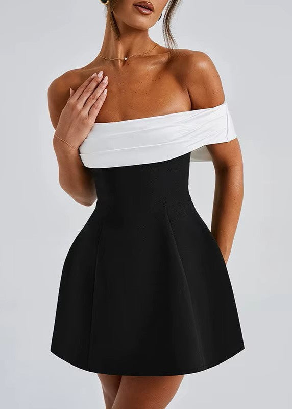 CELESTE · VESTIDO MINI BARDOT BICOLOR CON FALDA ESTRUCTURADA