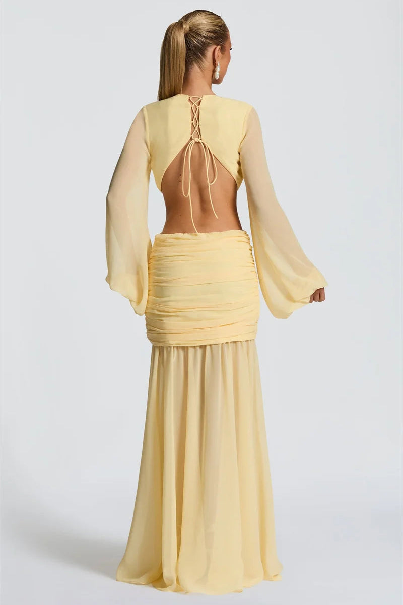 VESTIDO THALASSA · LARGO CON ESCOTE PROFUNDO Y DRAPEADO FRONTAL