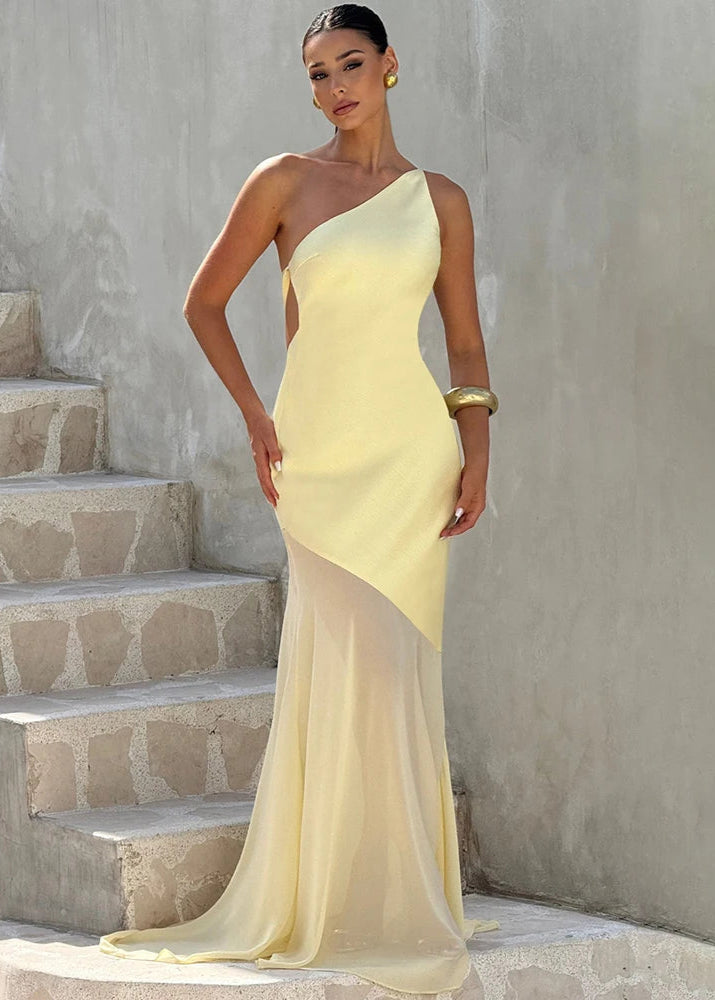 Vestido largo amarillo asimétrico con espalda descubierta HAILEY de Malibu Barcelona