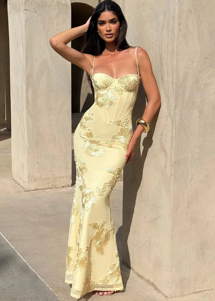 Vestido largo amarillo pastel con bordado floral y escote corpiño NOELLE de Malibu Barcelona