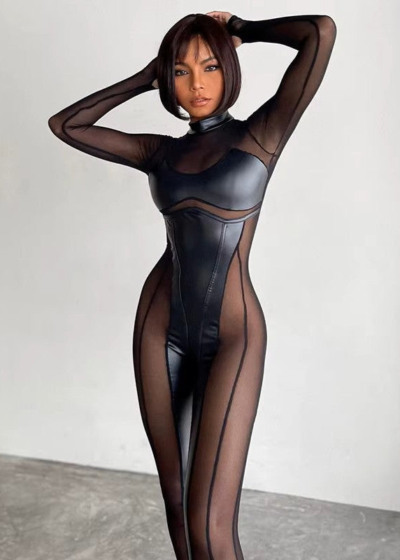 mono largo mujer negro ceñido malla semitransparente detalles polipiel mangas largas sexy elegante