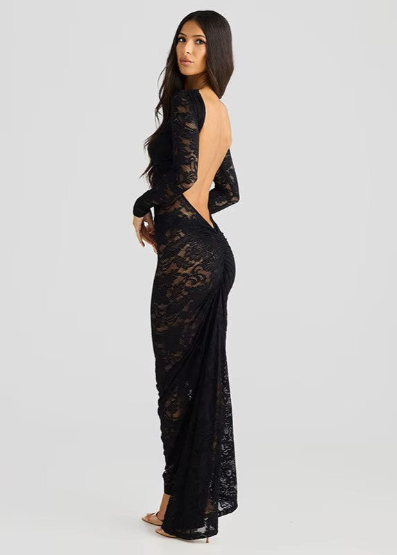 vestido largo negro encaje espalda descubierta mangas largas mujer