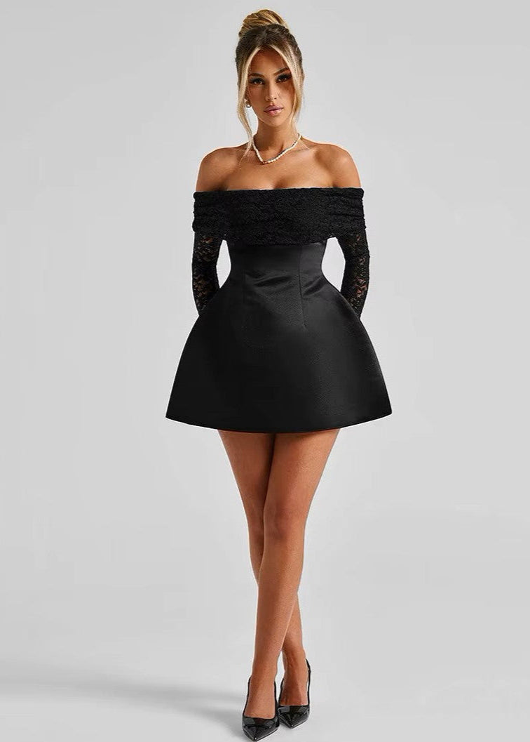 vestido mini negro bardot encaje mangas largas falda vuelo mujer

